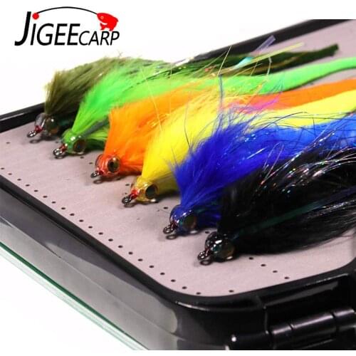 10pcs Saltwater Fishing Fly Streamer Baits Dragon Tail Flies For Pike Bass Fishing Lure with Fly Box