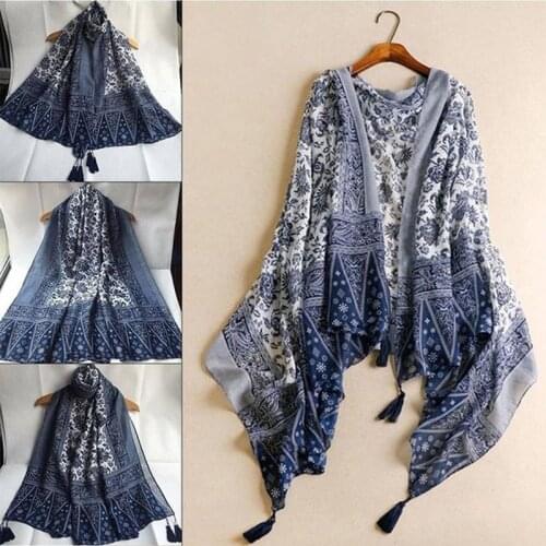 2021 Casual New Beach Cover Up Pashmina Tassel kaftan Beach Dress Swimwear Women Beachwear Blue Swimsuit Shawl Wrap Scarves