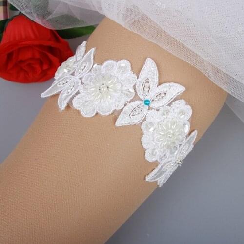 Free Shipping original hand-beaded bridal garter Bride bowed legs loops wedding accessories blue pearl embroidered lace garter