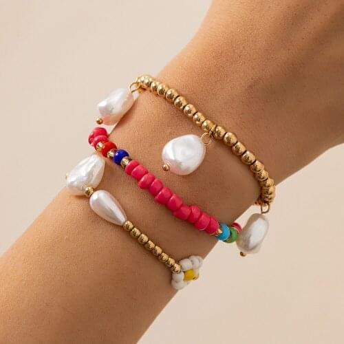 Bohemia Ethnic Beads imitation Pearl Bracelets for Women Fashion Charms Colorful Beaded Hand Chain Bracelets Set Women Jewelry