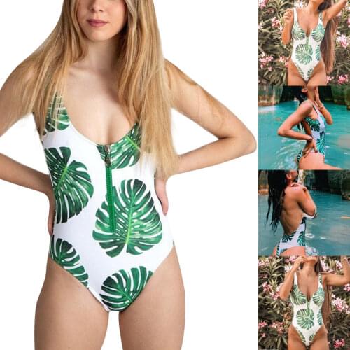 Meihuida Women One-piece Swimsuit, Adults Leaf Print U-shaped Neck Half-zip Swimwear with Chest Pad