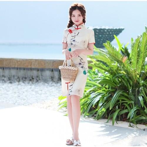 Vintage Chinese Style Short Sleeve Cheongsam Crane Print Qipao Traditional Clothing For Women Plus Size 3XL