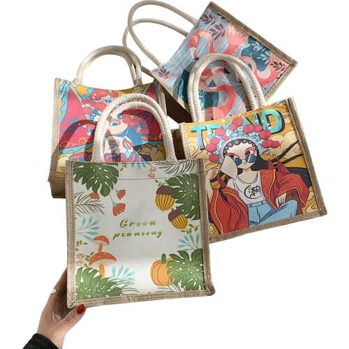 8 Styles Canvas Storage Bag Ladies Ethnic Style Square Handbag Girls Cartoon Animal Plant Printing Casual Shopping Bag