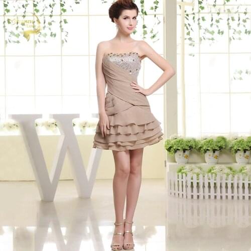 Khaki Mini Cocktail Dresses Tiered Crystal Beaded Chiffon Women Short Party Dress Beautiful Graduation Dresses for Prom Gowns