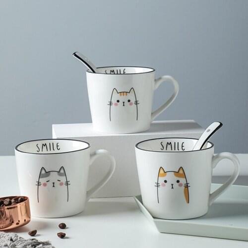 Jusen Ceramic Handgrip Cup Milk Coffee Mugs Cups For Kids Cute Cartoon Cat Drinkware Cup Creative Couple Cup Male & Female Cup