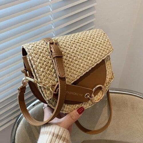 Fashion Semicircle Straw Crossbody Bags for Women Handmade Woven Rattan Travel Handbags Female Summer Beach Messenger Bag