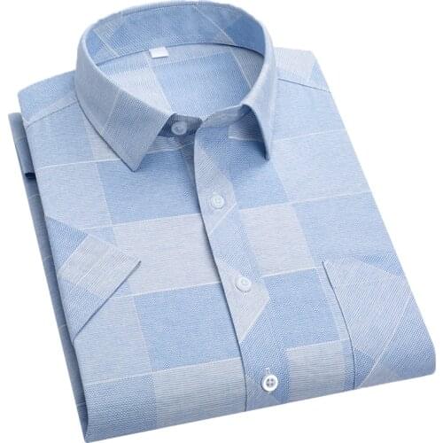 Aoliwen brand Spring new high quality plaid print stripes mens short-sleeved shirt business casual shirt breathable men shirt