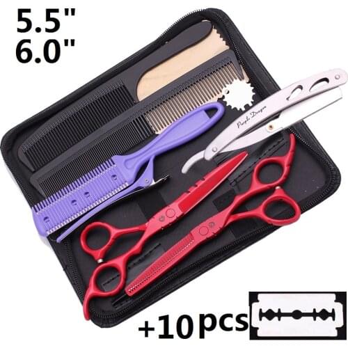 Red Y1220 5.5" Professional Hairdressing Hair Scissors Set Barber Hair Cutting Thinning Straight Scissors Razor Comb 6"