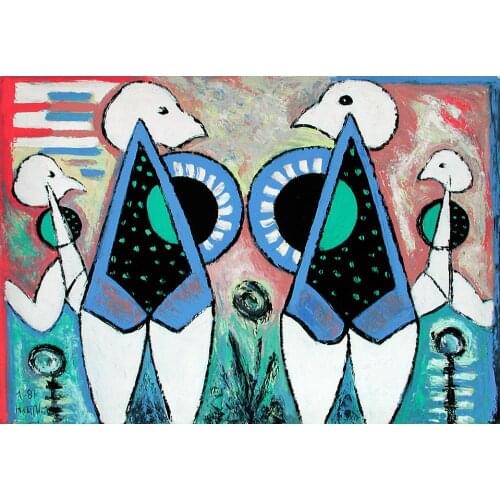 Wall art abstract oil paintings birds white blue animal canvas artwork hand painted cute image for kid room bedroom decor Gift