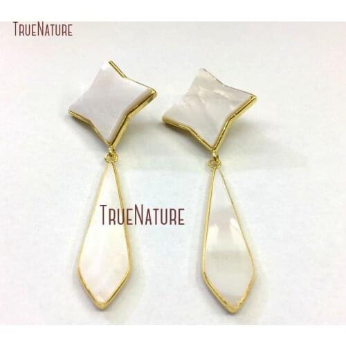 New Geometric Style Earrings White Shell Gold Electroplated Rhombus Shape Long Stud Earrings ER10424