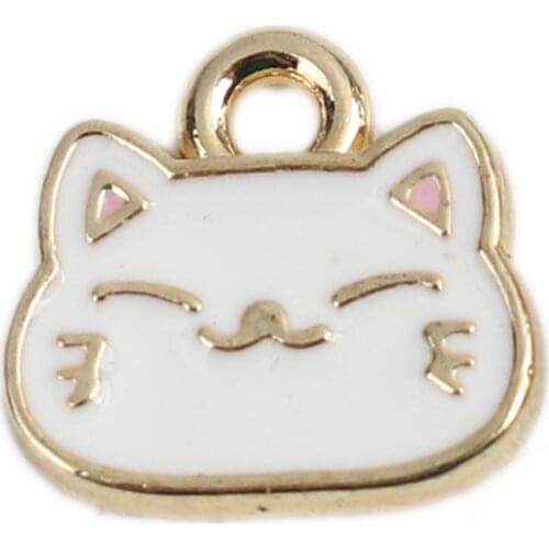 Doreen Box Zinc Based Alloy Charms Cute Cat Animal Gold White/Black Enamel Pendants DIY Making Gifts Jewelry 10mm x 9mm, 10 PCs