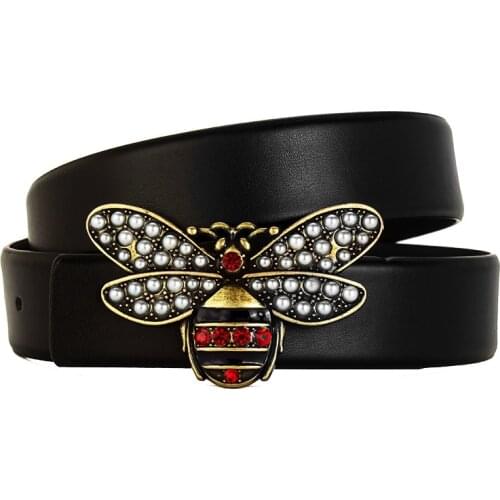 IMSTEN Water Drill Belt Man Leather Belt Small Bee Buckle Cowhide Fashion Belt