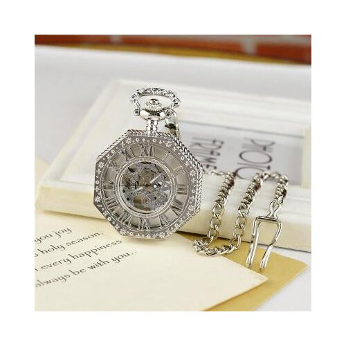 Silver Retro Mens Mechanical Pocket Watch Octagon Hollow-carved Design,Women Necklace Pendant Roman Numerals Clock Birthday Gift