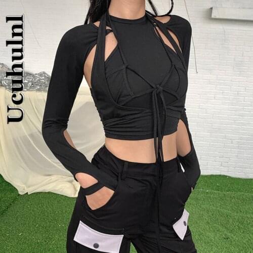 Ucuhulnl Streetwear Patchwork Bodycon Cropped Tops Women Gothic Punk Sexy Hollow Out Long Sleeve Lace Up Tops Female Autumn