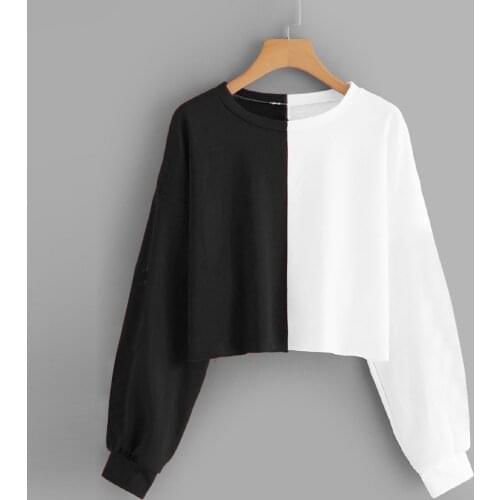 Hoodie Crop Top Color Blocking Women Round Neck Long Sleeve Sweatshirt Woman Girls High Street Hip Hop Harajuku Blouse Sudaderas