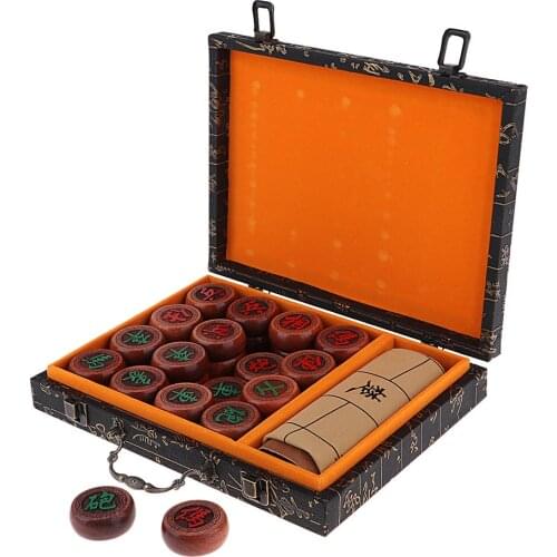 Vintage Rosewood Chinese Chess Set Xiangqi Travel Game Set with Wooden Box and Leather Chessboard