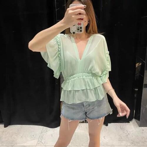 Women Shirt V of New Style of Spring and Summer Sweet Gets Flounce Edge Elastic Bundle Waist Blouse Female