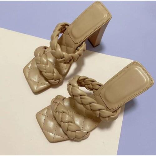 Runway style Summer Weave Women Slippers Fashion Thick High heels Gladiator Sandals Outdoor Beach Slides Ladies Mules Shoes