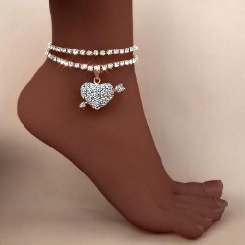 Double Layer Crystal Rhinestone Heart Pendant Anklets Wholesale Jewelry For Women Beach Barefoot Love Anklet Bracelet Leg Chain