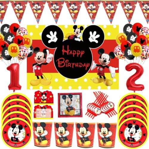 Disney Mickey Mouse Theme Party Disposable Plates Cups Tablecloth Boxes Supplies Newborn Backdrop Mickey Birthday Decor Balloons