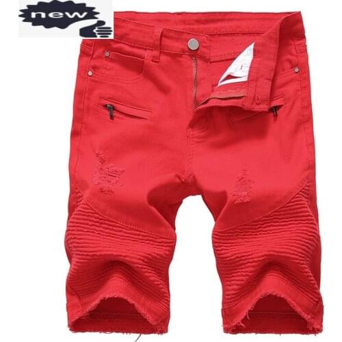 Summer New Pleated Hole Ripped Jean Shorts Men High Street Elastic Straight Knee Length Jeans Oversize 42 Black White Red