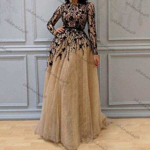 Champagne Elegant Long Sleeves Lace A Line Evening Dresses Black Major Beaded Tulle A Line Formal Party Prom Evening Gowns