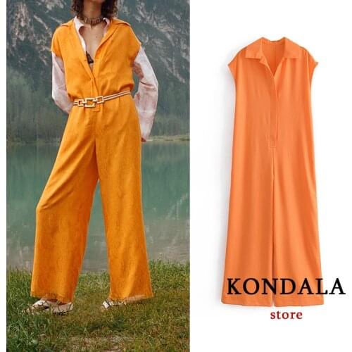 KONDALA Za 2021 Women Chic Orange V Neck Jumpsuits High Waist Wide Leg Straight Bodysuit Solid Elegant Stylish Rompers