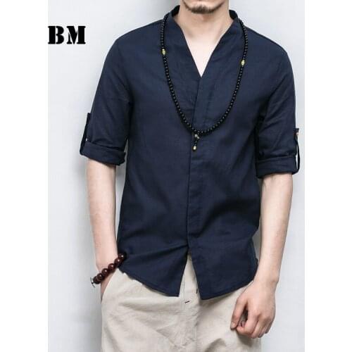 Summer Chinese Style Cotton Linen Half Sleeve Shirt Fashion Plus Size Stand Collar Top Men Clothing Harajuku Short Sleeve Male