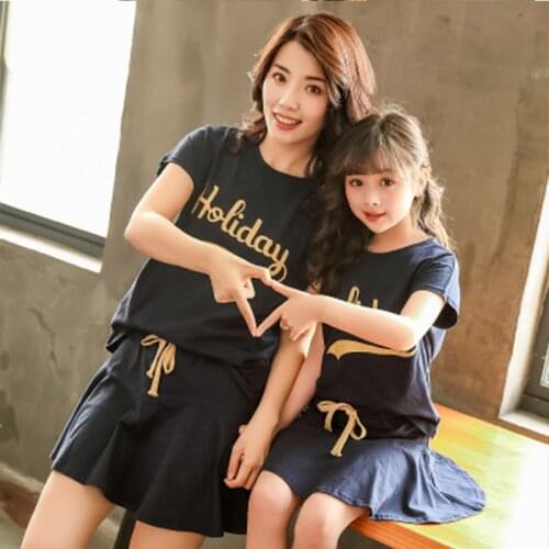 Mother Daughter Family T-shirt+Skirt Set Summer Casual Women Girls Letter Print Dresses Mommy And Me Family Matching Clothes