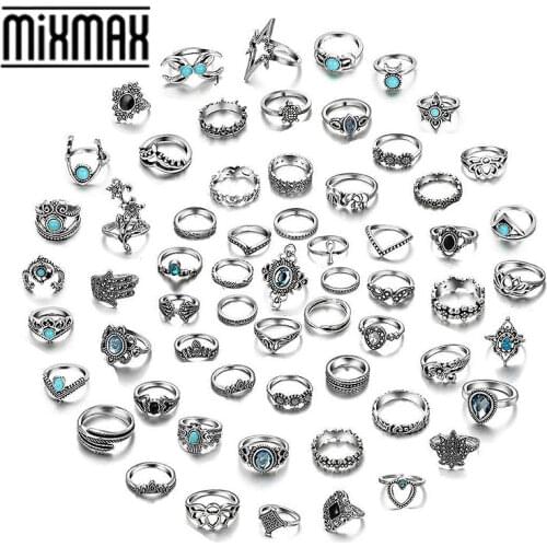 MixMax 60pcs Womens Bohemian Rings Gold Silver Plated Fashion Rhinestone Finger Joint Jewelry Bands Wholesale Variety of Styles