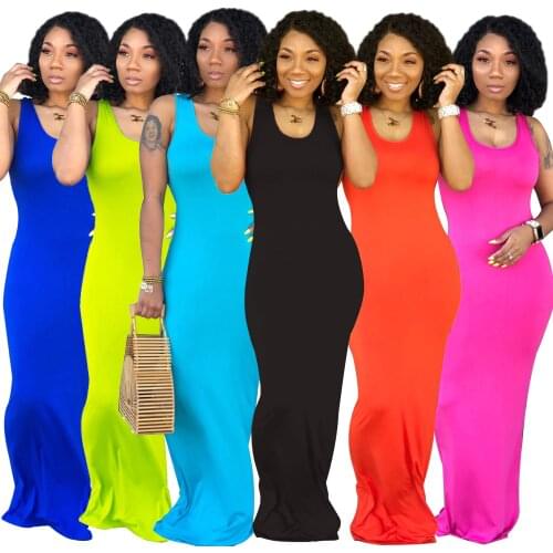 Pure Color Sexy Womens Vest Long Skirt, Fashion U-neck Dress, Simple Personality, Hip Skirt