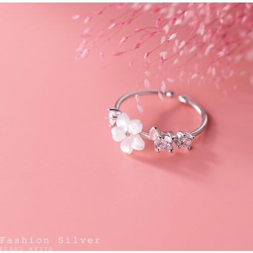 1pc Real. 925-Sterling Silver Jewelry Shell Flower & round gems clear Pink morganite Ring adjustable C-J8996