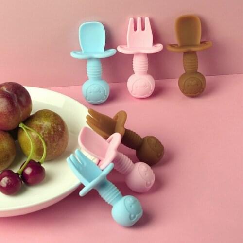 Silicone Non-slip Baby Training Tableware Cutlery Short Fork Spoon Storage Box Solid Food Self Feeding for Kids Children Gift