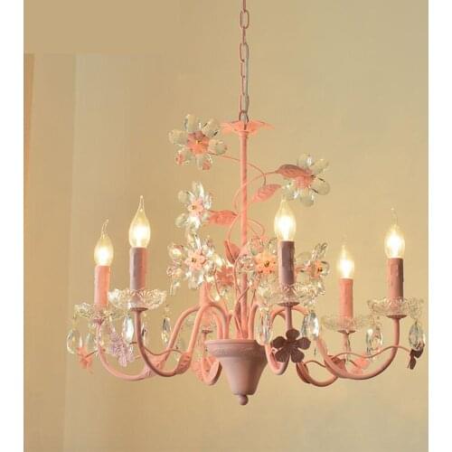 Nordic Pink Crystal Flower Chandelier Lighting LED Crystal Lustre Light Girls Room Chandelier Iron Crystal Chandeliers Lights