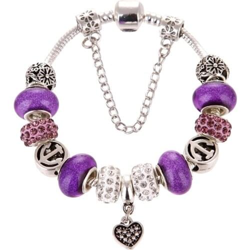 Style Vintage Silver plated Heart Pendant purple Crystal Zircon DIY Charms European Pan Bracelets & Bangles For Women Gift