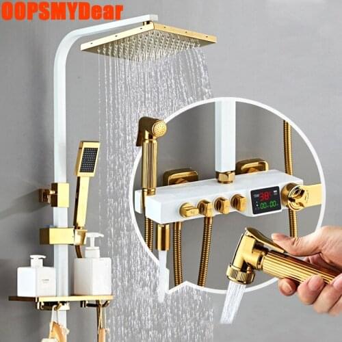 LED Digital Shower Set Bathroom Smart Thermostatic Shower System Square Head SPA Rain Fall Bath Faucet Wall Mount Bathtub Grifo