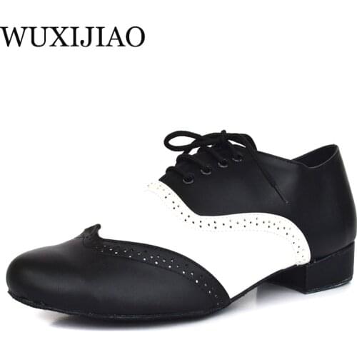 WUXIJIAO Mens Black White Real Leather Flats Modern dance shoes Tango Party Wedding Square dance shoes