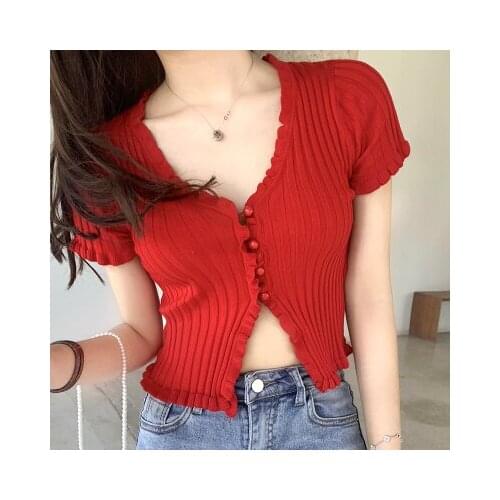 Knitting Short Sleeves Summer Women 2021 New Sweet Elegant V-neck Sexy Dew Clavicle Short T-shirt Fashion Clothing Wholesale