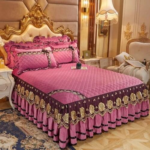 WOSTAR Winter warm crystal velvet luxury bedding solid nordic style bedspreads on the bed lace bed skirt king size home textiles