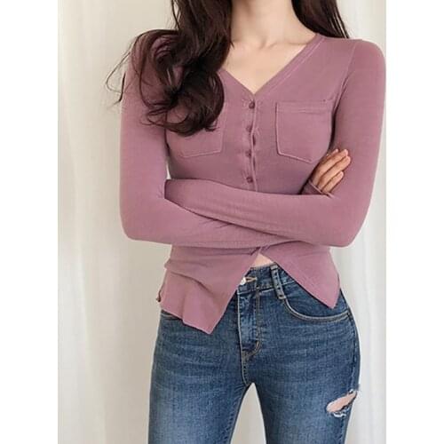 Blusas Mujer De Moda 2019 Pockets Button Sexy V-Neck t-shirt Long Sleeve t shirt women Casual Sexy Ladies tshirt Womens Tops