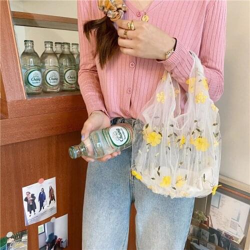Spring Summer Female Flower Embroidery Hand Bag Organza Casual Floral Tote Bags Mesh Shopping Handbag