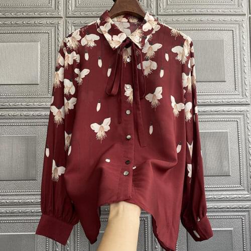 Autumn new style European goods printed silk shirt womens long-sleeved mulberry silk blouse fashion western style loose shirt