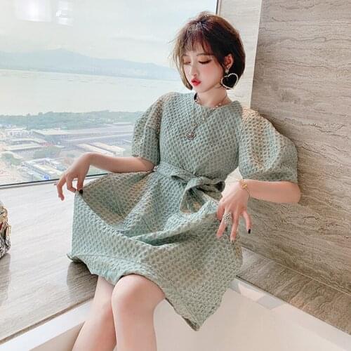 Women 3D Jacquard Solid Color High Waist Belt Fashion Elegant Dress Female Summer Short Sleeve Party Dresses Clothes