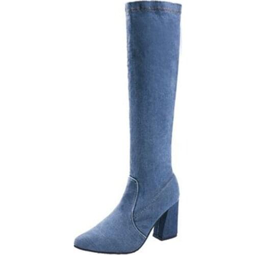 Hot Women Boots 2020 Fashion New Style Pointed Toe Square Heel Shoes Women Knee-High Western Boots Popular Denim Shoes
