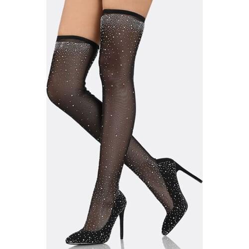 Summer Sexy Women Glitter Crystal Drilled Pointed toe Stretch Mesh Socks Boots Thin Heels Slim Leg Over knee Thigh high Botas