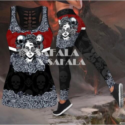 Love Skull And Tattoos Two Piece Yoga Set Women 3D Print Vest Hollow Out Tank Top High Waist Legging Summer Casual Sport-1