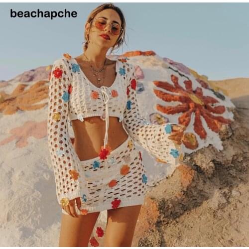Beachapche 2 Pieces Crochet Bikini Cover-ups Boho Appliques Hollow Out Women Beach Wear Swim Suit Cover Up Tops and Skirts