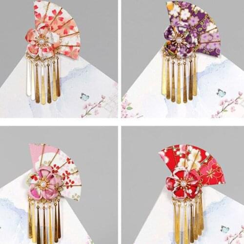 1Pc Japanese Jewelry Woman Hairpin Fabric Hair Accessories Cherry Blossoms Tassel Headwear Costume Kimono Elegant Flower Hairpin