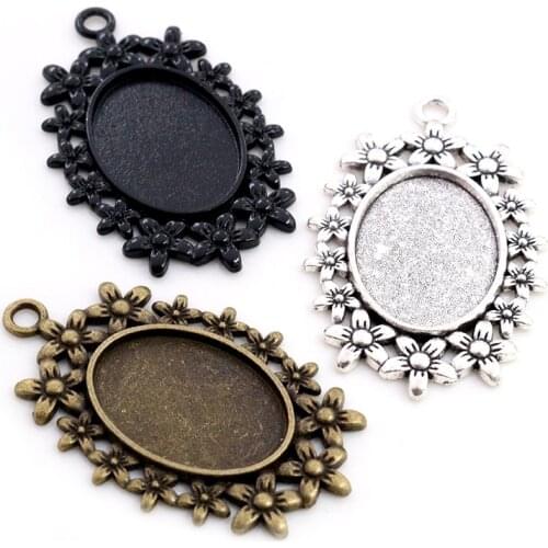10pcs 18x25mm Inner Size Antique Silver Plated Bronze Black Flower Style Cameo Cabochon Base Setting Pendant necklace findings