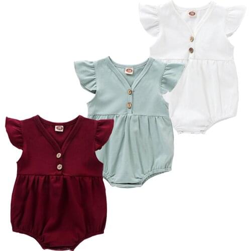 2020 Toddler Newborn Baby Girls Solid Fly Sleeve Bodysuits Buttons Jumpsuits Cotton Casual Summer Cute Little Baby Outfits